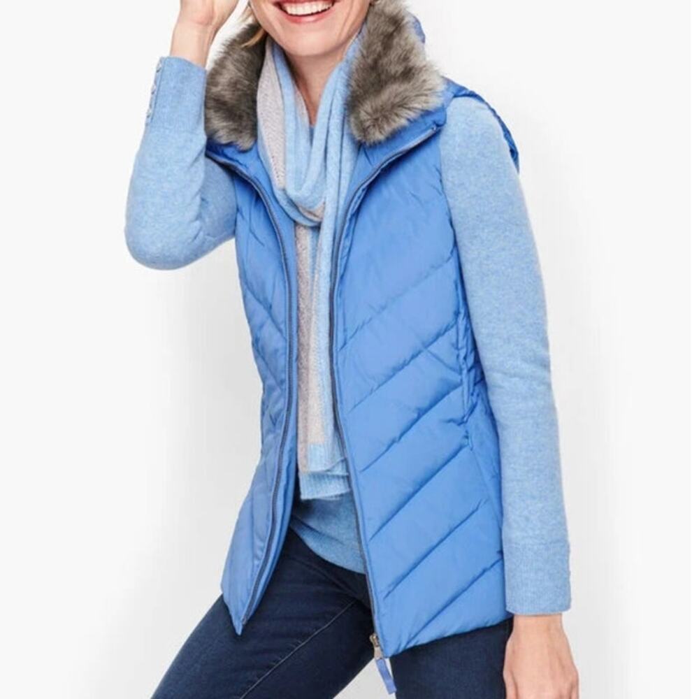 Talbots Faux Fur removable collar Down fill puffer vest powder blue quilted warm